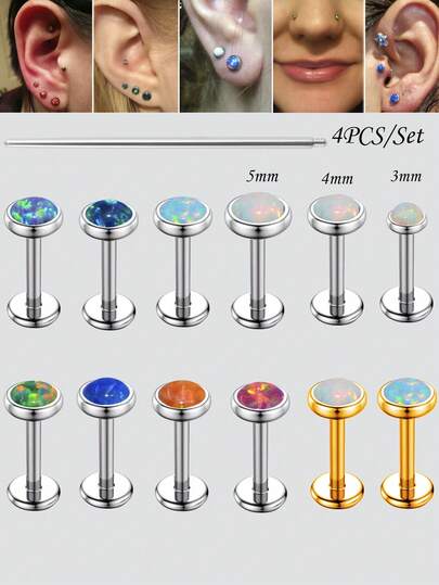 4PCS/Set Including 3PCS Stainless Steel Flat Back Cartilage Earrings Nose Rings Studs 1.2mm Tragus Piercing Jewelry For Women Synthetic Opal Lip Helix Conch Labret Piercing Jewelry And 1PC Reception Pin For Gift