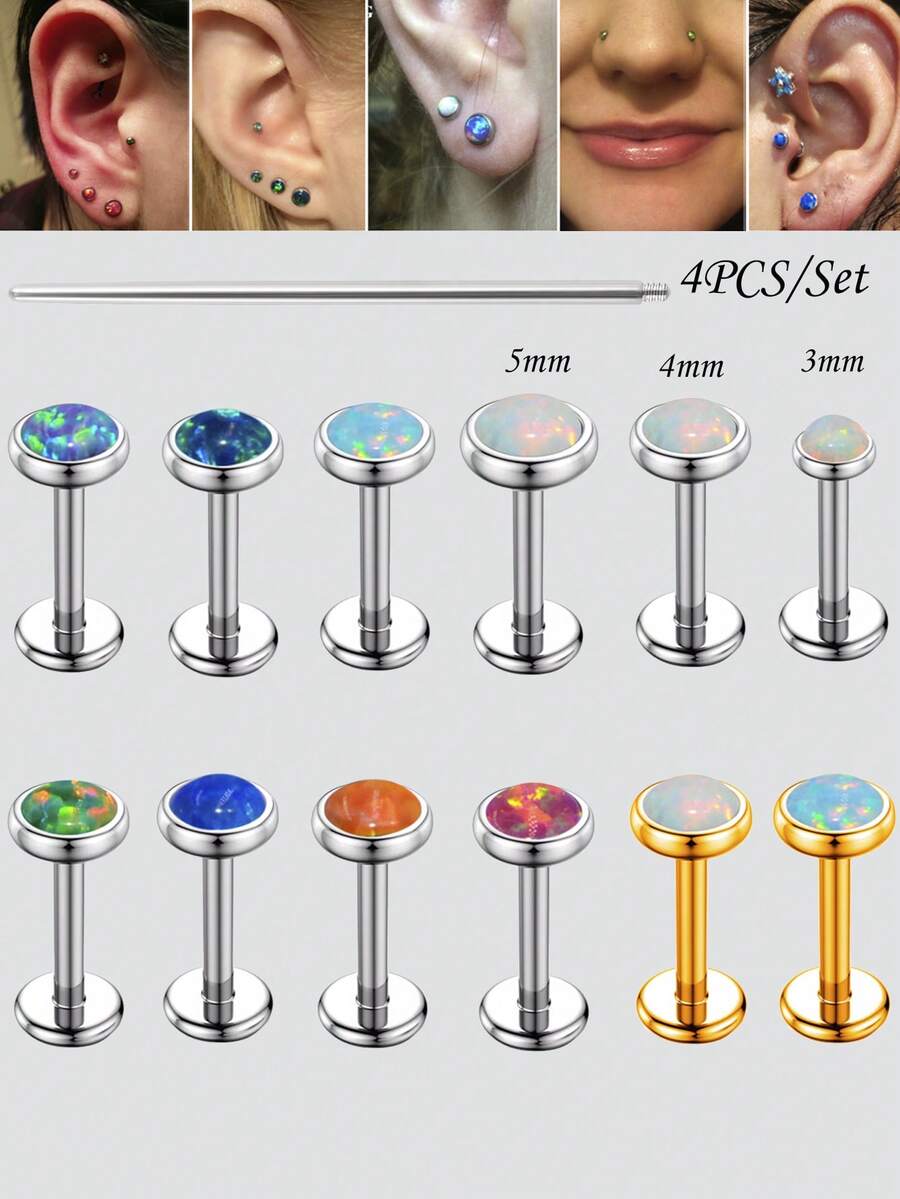 4 件套，包括 3 件不锈钢平背软骨耳环鼻环耳钉 1.2 毫米耳屏穿孔珠宝，适合女性，合成蛋白石唇螺唇钉穿孔珠宝和 1 件接待别针作为礼物 - 彩色 - 查看 1
