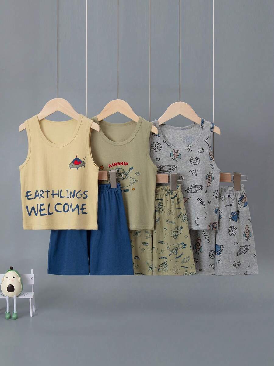 6PCS/Set Boys Summer Sleepwear Pajamas, Vest & Shorts Outfit, Young Boys Thin Space Pattern Loungewear Set - Multicolor - View 1