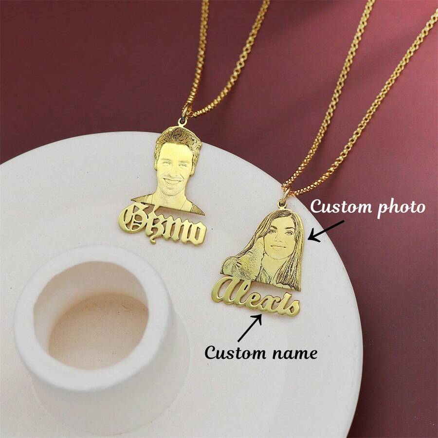Custom Portrait Real Picture Necklace, Engraved Photo Necklace, Customized Picture Necklace, Memorial Necklace, Keepsake Jewelry, Gift For Her, Mother's Day Gift - Gold - View 1