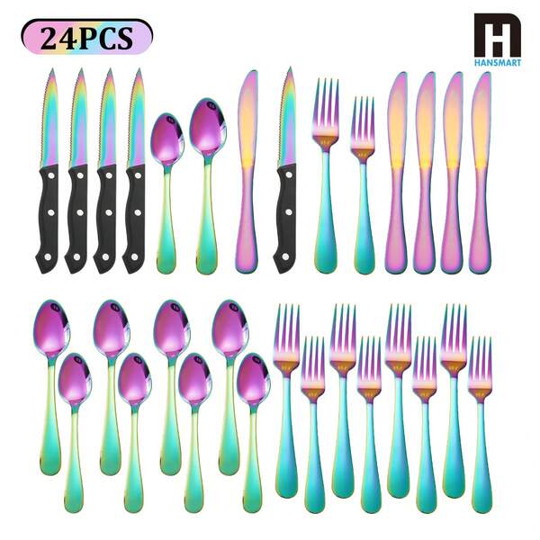 HANSMART 24-Piece Luxury Stainless Steel Cutlery Set - 5 Colors (Black, Silver, Gold, Rose Gold, Rainbow) With Mirror Finish, The Ultimate Set For Thanksgiving, Christmas & Luxury Parties | Premium Cyber Monday Gift For Wedding & Housewarming