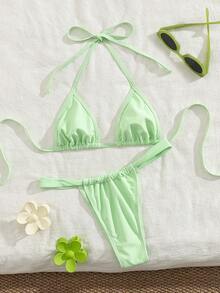 Bộ bikini tam giác siêu nhỏ màu trơn mới, kiểu dáng thanh lịch, gợi cảm, thích hợp cho các bữa tiệc, đi biển mùa hè, du lịch. - Xanh nhạt - Xem 2