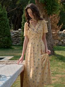 Simple Retro Spring - Summer Woven Dress With V - Neck, Ruffled Edge And Floral Print, Short Sleeves - Yellow - View 5