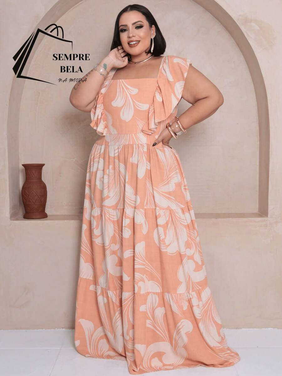 Plus Size Long Dress With Ruffle On The Shoulder - Salmon Estam. - View 1