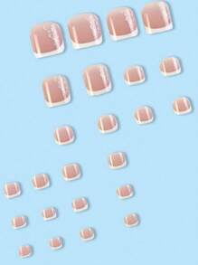24pcstoenail Wearable Nail Pieces With White Edges French Floral Manicure Finished Toenails Wearable Nail Pieces Toenails Stickers With Jelly Glue And Nail File