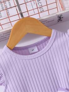 Young Girl Ribbed Cap Sleeve Butterfly Mesh Elegant Summer Dress With Belt - Purple - View 3