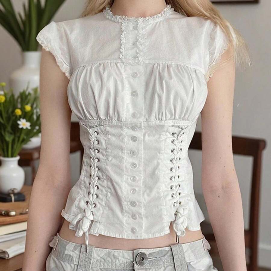 Women Y2k Coquette Button Down Shirt Cute Preppy Cap Sleeve Crew Neck Slim Fit Crop Top Casual 90S Vintage Blouse Cute Lace Trim Crop Tops Streetwear - 白色 - 查看 1