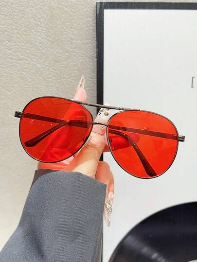 1 Pair Women's Metal Oval Frame Retro Double Bridge Aviator Fashion Glasses , Suitable For Beach Vacation, Women, Summer Beach Vacation, Outdoor, Travel