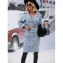 2PCS Gabardina larga de mujer con chaqueta de traje de dos piezas - Azul - Ver 3