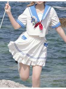 Gotea Girl's Sailor Uniform Set, Blue Navy Academy Style Short Sleeve Summer Set (Comes With Tie)