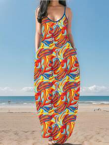 GLOURI African Print Maxi Sun Dress - Sleeveless Adjustable Straps Dress With Pockets | Flowy Relaxed Fit For Beach Vacations/Casual Outings (Breathable Medium Stretch & Ankara Inspired Design) - Orange - View 1