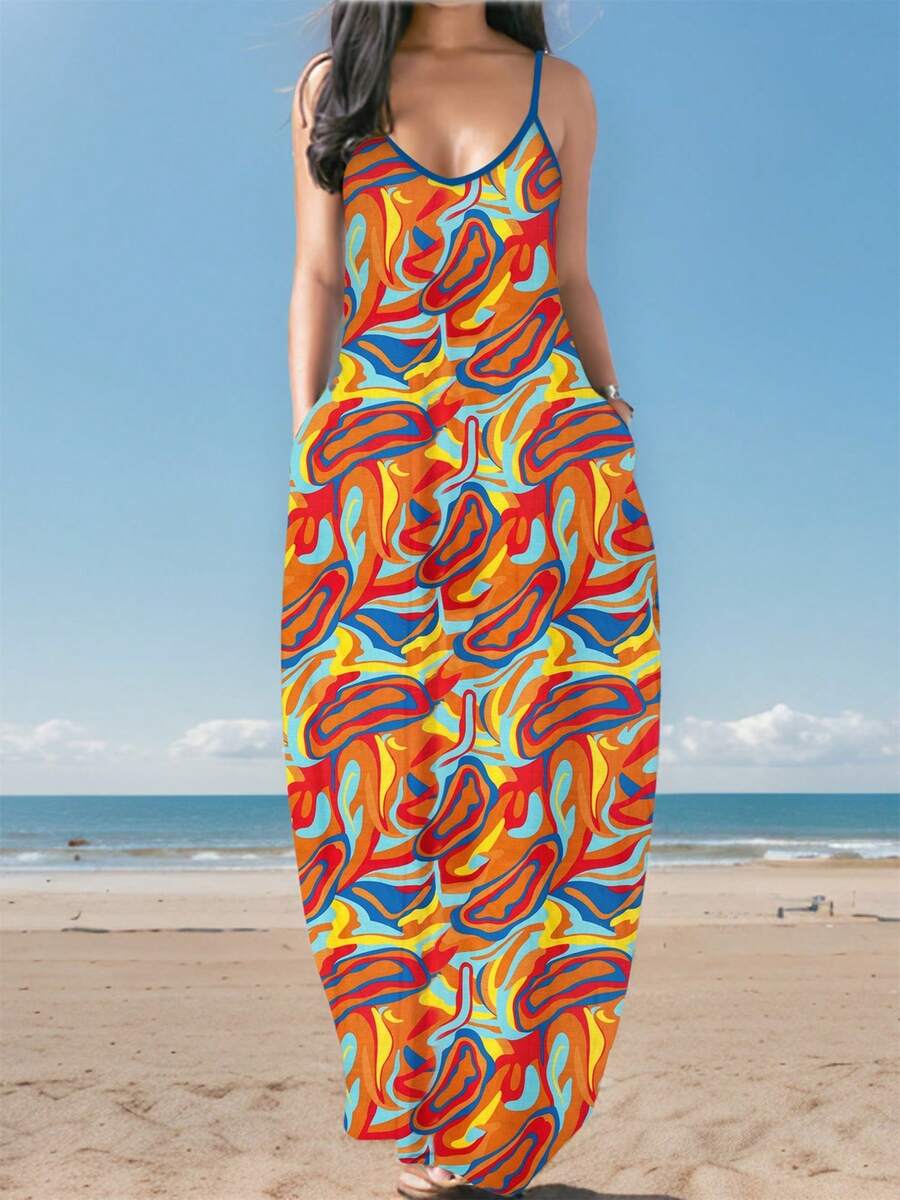 GLOURI African Print Maxi Sun Dress - Sleeveless Adjustable Straps Dress With Pockets | Flowy Relaxed Fit For Beach Vacations/Casual Outings (Breathable Medium Stretch & Ankara Inspired Design) - Orange - View 1