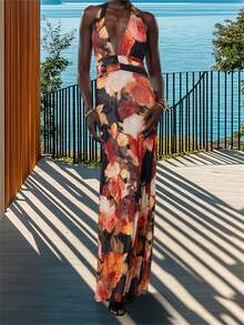 Women Long Dress, Sleeveless Halter Dress Backless Flower/Dots Print Summer Cocktail Dress - Nhiều màu - Xem 4