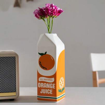 Elegant Orange Juice Box Ceramic Vase - Unique Small Flower Pot, Cute Home Decor And Gift Idea, Back To School Room Decor, Study Supplies Vase Glass Vase