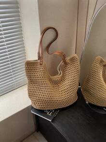 New Hollow Handbag Ladies Large Capacity Straw Handbag Shoulder Bag Retro Travel Beach Bag Shopping Bag Beach Bag Summer Vacation Beach Bag - Khaki - View 2