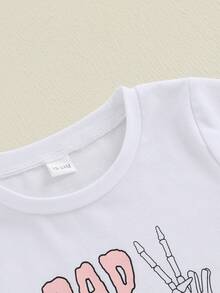 Conjunto de 2 piezas de verano para niñas pequeñas, top de manga corta con estampado de mano de esqueleto y falda de tul, ropa para bebé - Blanco - Ver 5