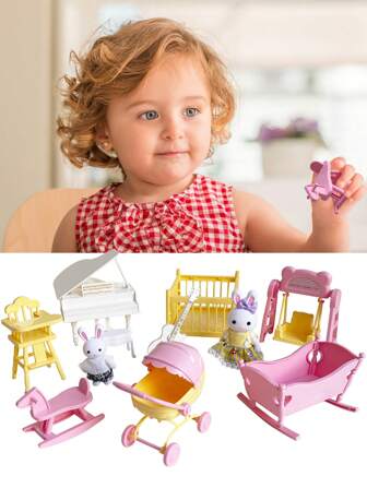 Cute Children Play House Furniture Toy Set, Accessories Include Simulated Dining Table Car Fence Rocking Bed Swing Wooden Horse Miniature Realistic Scene Dollhouse Decorations, Kids Doll House Furniture Playset, Suitable As Birthday Or Holiday Gift For Boys And Girls