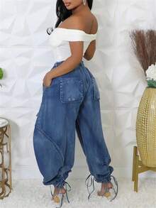 GLOURI Women's Baggy Denim Harem Pants - Elastic Drawstring Waist Wide Leg Jeans With Bow Tie & Pockets | Casual Boho Streetwear For Travel/Everday Comfort (Vintage Distressed Wash) - Màu xanh lam - Xem 2