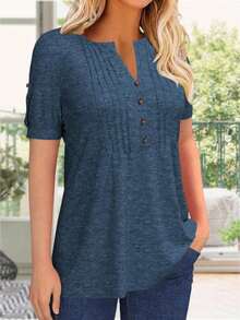 Women's Zipper Summer Pleated Button Short Sleeve T-Shirt Summer V-Neck Solid Color Casual Top - 藏蓝色 - 查看 2
