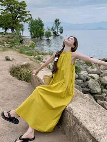 Đầm hở vai màu vàng phong cách Pháp mùa hè, dáng rộng thoải mái, thanh lịch - Màu vàng - Xem 4