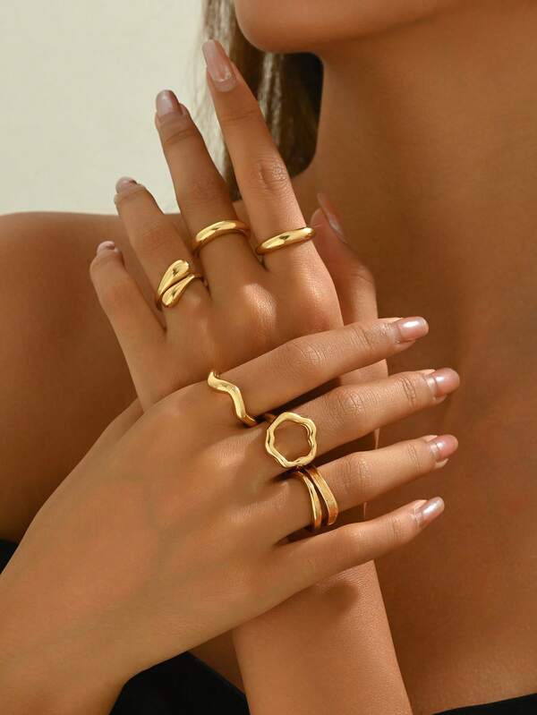 Set de 6 piezas de anillos versátiles con textura ondulada y diseño minimalista de cruz, anillos planos y redondos, adecuados para mujer para citas, reuniones y fiesta