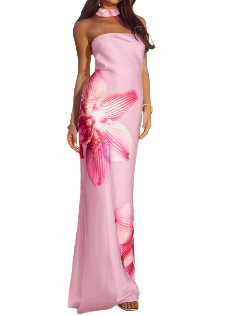 Womens Floral Strapless Dress With Scarf Y2k Backless Sleeveless Tube Maxi Long Dresses Sexy Mesh Bodycon Summer Beachwear - Floral Pink - 查看 1