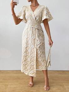 Women's Elegant Jacquard Crossover V-Neck Ruffle Sleeve Deconstructed Dress - Khaki - View 3