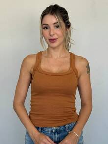 Kit Of 3 Women's Ribbed Cotton And Elastane Tank Tops - ĐEN - TRẮNG - CARAMEL - Xem 8