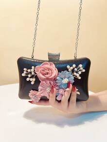 Valentine's Day Gift Love Holiday Date Ramadan Wedding Girlfriend Gift Lady Flower Evening Bags Pink Color Women Small Clutch Purse With Chain Shoulder Flap Design Diamonds Beading Box - Black - View 5