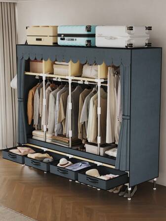 1pc Large Capacity Portable Wardrobe, Easy To Assemble Home, Rental, Apartment, Bedroom Furniture Clothes Cabinet, Steel Pipe Frame Sturdy , 172cm Room Clothing Organizer, Solid Color Non-Woven Fabric Cover, With 4 Drawers And 4 Hanging Rods For Reasonable Clothing Storage, Suitable For All Seasons