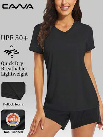 Cavva Women's Summer Sun Protect V-Neck T-Shirts Lightweight Breathable Soft Short Quick Dry Athletic Spring Tops Running Glof Yoga Cycling