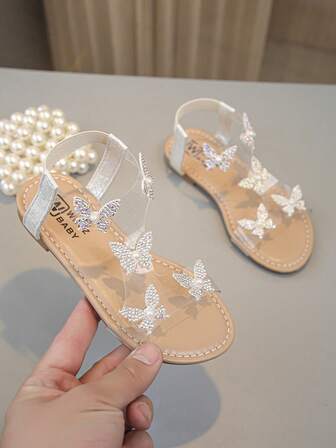 1 par fashionabla, glänsande och vackra strass genomskinliga platta sandaler med fjärilsdekoration, felik stil, mycket lämplig för sommarkläder