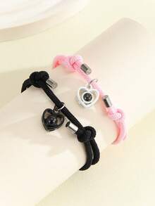 ATLVXJL 2pcs Glow In The Dark Couple Bracelets, Cute Projection Bead Inlaid Heart Shaped Black & Pink Pendant, Casual Everyday Wear, Couple Gift For Halloween, Valentine's Day - Multicolor - View 7