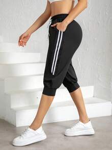 女士七分运动紧身裤，休闲运动服，适合跑步、瑜伽、健身，黑白条纹夏季款 - 黑色 - 查看 6