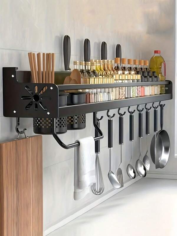 1pc Painted Metal Hanging Rack, Wall-Mounted Kitchen Utensil Organizer Rack With Hooks For Knives, Spatulas, Spoons Storage, Also For Spice Jars And Pot Holders, For Kitchen Organization
