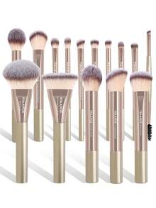 MAANGE 15pcs Professional Soft Aluminum Tube Makeup Brush Set,Soft Foundation Brush, Eyeshadow Brush, Eyebrow Brush, Blending Brush,Highlight Brush,Concealer Brush,Makeup Brush For Powder Liquid Cream,For Daily Use And Travel,Makeup Accessories Gifts For Friends ﻿ ﻿ ﻿ - 金色 - 查看 4