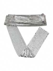 1pc Metallic Mesh Shiny Sequin Iridescent Scarf Tie, Club Party Accessory - Silver - View 6