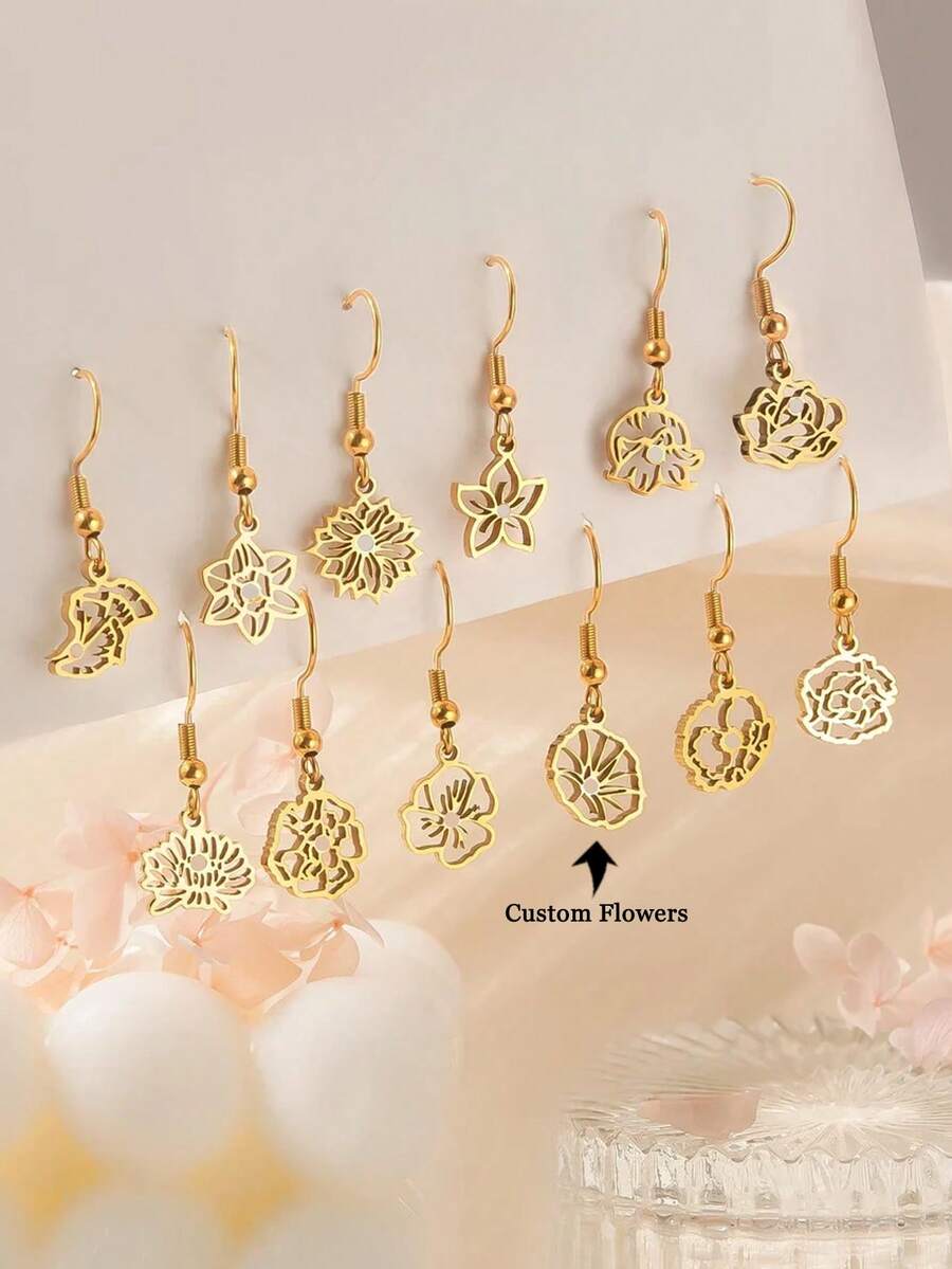 1 Pair Dainty Birth Flower Earrings - Custom Flower Earrings Dangling Earrings - Flora Earrings With 12 Types Of Flowers - Gift For Girl Mother's Day Gifts Fashion, Fall Fashion, Casual, Retro, Old Style, Vintage, Simple, Personalized, Personalized Gifts, Unique Gifts, Girlfriends, Mom, Ideal Gifts, Annual Gifts, Daily Feasts, Dancing Party, Wedding