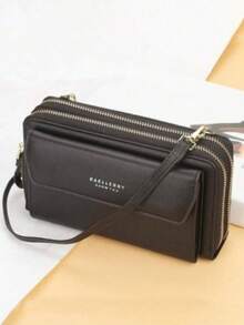 双拉链大容量长款钱包，女士斜挎手机包，手拿包，迷你钱包，腕包 - 黑色 - 查看 6