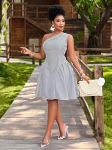 BIUBIU Women's Plus Size Striped Asymmetrical Single Shoulder Sleeveless Striped Printed Short Mini Dress, Suitable For Passionate Vacations, Daily Leisure Commuting, Fashionable Street Style