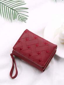 Women Short Wallet With Heart Embroidery, Large Capacity & Multi-Card Slots For Credit Cards, ID, Cash, Casual Three-Fold Snap Closure Coin Purse, Suitable For Daily Use, Mother's Day, Birthday, Anniversary Gift