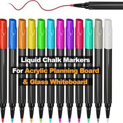 12 Packs Acrylic Liquid Chalk Markers For Glass, Fridge Planner Boards, Dry Erase Boards, Windows/Mirrors, 12 Vibrant Colors, 1mm Fine Tip, Easy To Wet Wipe,School Supplies,Back To School
