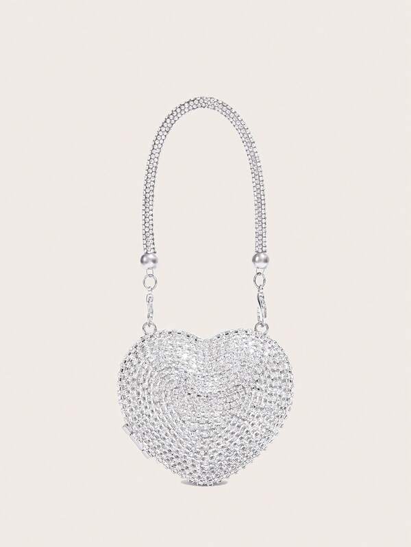 Heart-Shaped Diamond Party Clutch Bag, Kids Mini Backpack For Party, Banquet, Formal Dress, Silver/Gold Rhinestone Wrist Strap, Luxury Women's Fashion Rhinestone Decorated Evening Bag