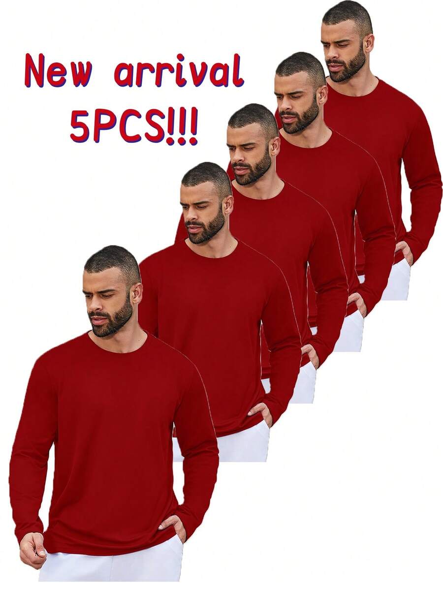 5PCS Men's Performance Long Sleeve T-Shirt Men's Quick-Dry Long-Sleeve T-Shirts. These T-Shirts Wick Away Moisture, Offer Breathability, And Keep You Cool. Perfect For Sports And Casual Wear, They Feature A Relaxed Fit, Round Neck, And Are Ideal For Fitness Activities And Outdoor Outings. - 紅色 - 查看 1