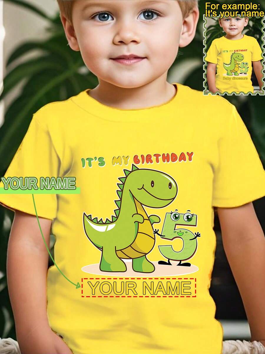 It's My Birthday 1-8yrs Dinosaur Design, Customizable With Your Name, Fashion Creative Print Pattern Boys Sports T-Shirt, Kids Casual Short Sleeve Tee, Fast Shipping, Yellow