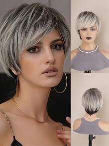 1pc Women Short Layered Pixie Wig With Bangs, Mixed Gray&White Highlight Synthetic Hair Wig, 10 Inch Mixed Light Brown Highlight Wig, Suitable For Daily Wear & Party