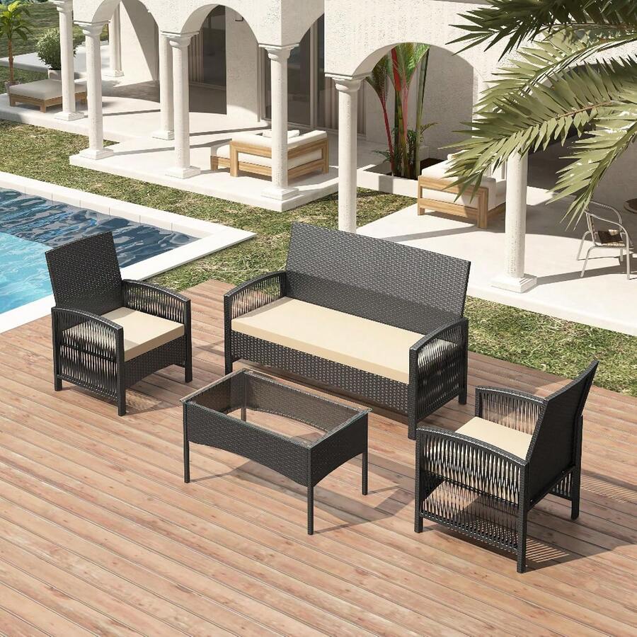 Mcc Direct 4Pcs Rattan Garden Furniture Set, Patio Rattan Furniture Sofa With 2 Armchairs, 1 Loveseat Sofa And 1 Coffee Table - Sofia - Black - View 1