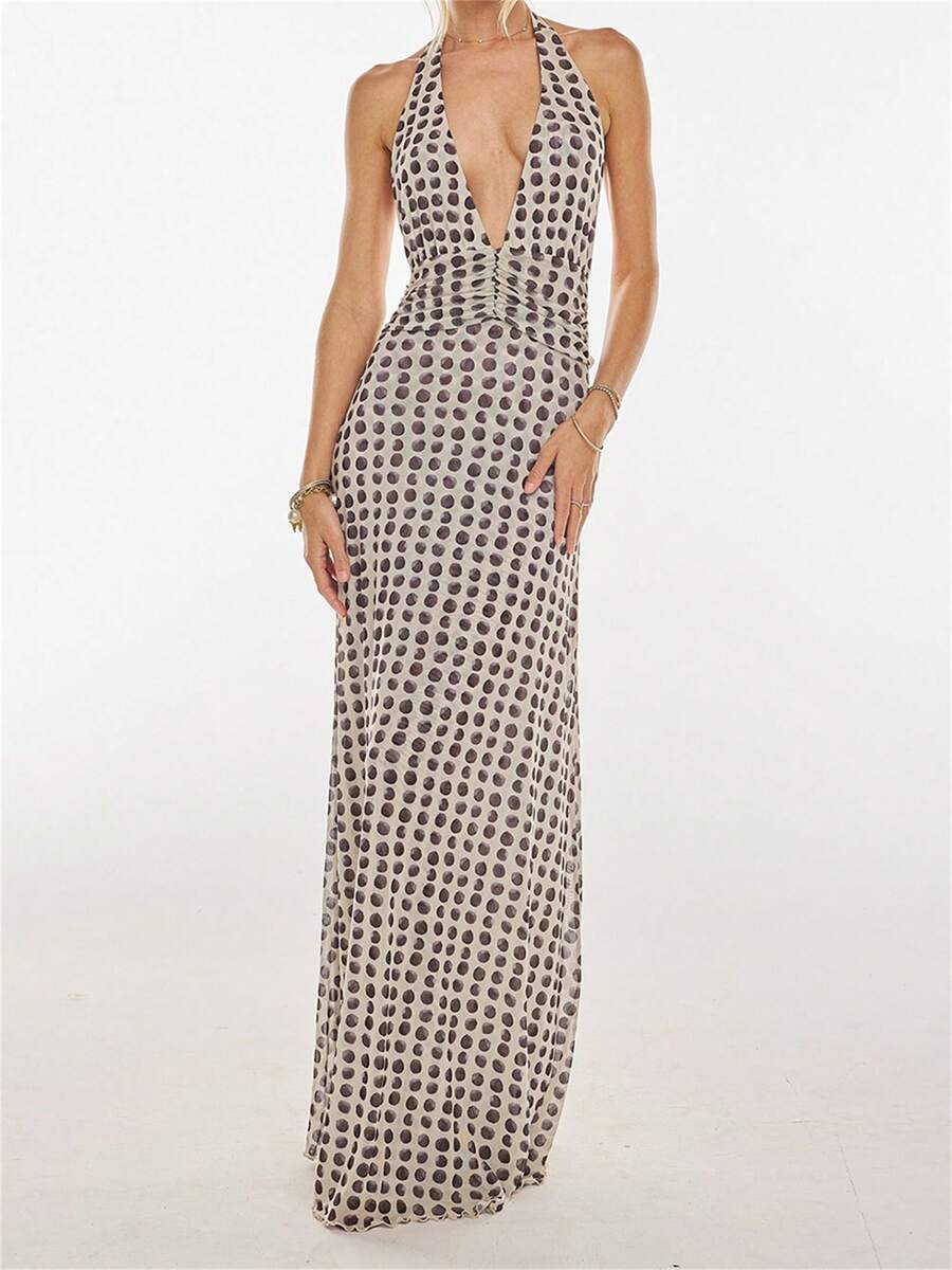Women's Halter Maxi Dress Fashionable Print Sleeveless Backless Tie Up Slim Fit Long Flowy Dresses Ruffle Hem High Slit Mesh Cocktail Dresses Party Evening Summer Elegant Dresses For Women Formal Party Brides Maid Dresses Sexy Vacation Beach Dresses - 黑色 - 查看 1
