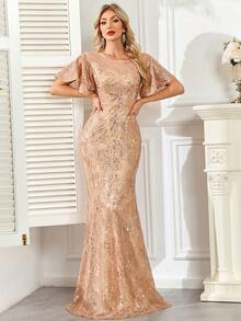 hezixi High-Quality Elastic Sequin , Very Comfortable To Wear, Suitable For Different Body Wear, With A Perspective Round Neck Long Sleeved Slim Fit Fishtail Hem Featuring A Unique Design - Champagne - View 5