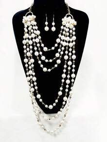 1pc Women Multi-Layer Pearl Necklace, Retro European & American Style Long Fashion Sweater Chain, Versatile Spring & Summer Accessory - White - View 6